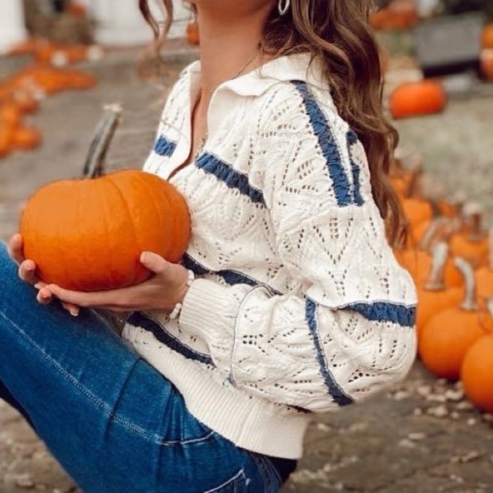 WILD FABLE BLUE STRIPPED WHITE COLLARDED SWEATER